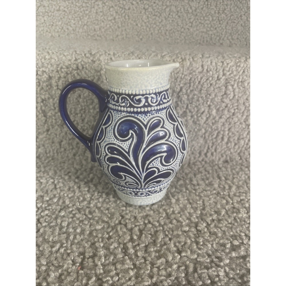 Marzi Remy Pottery Pitcher West Germany Cobalt Blue Salt Glaze .5L 1950s